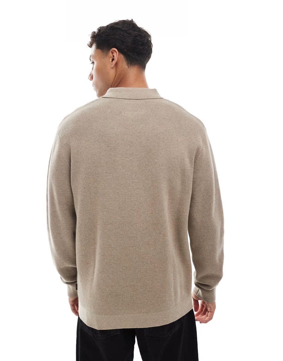 ASOS Jack & Jones premium long sleeve knitted polo with quarter zip in beige - 4