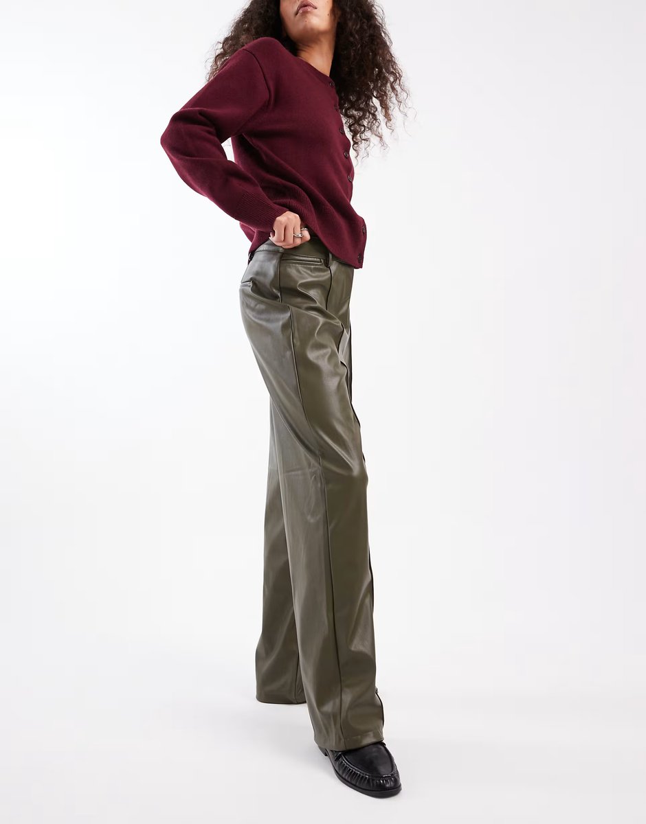 ASOS New Look faux leather wide leg trousers in khaki - 3