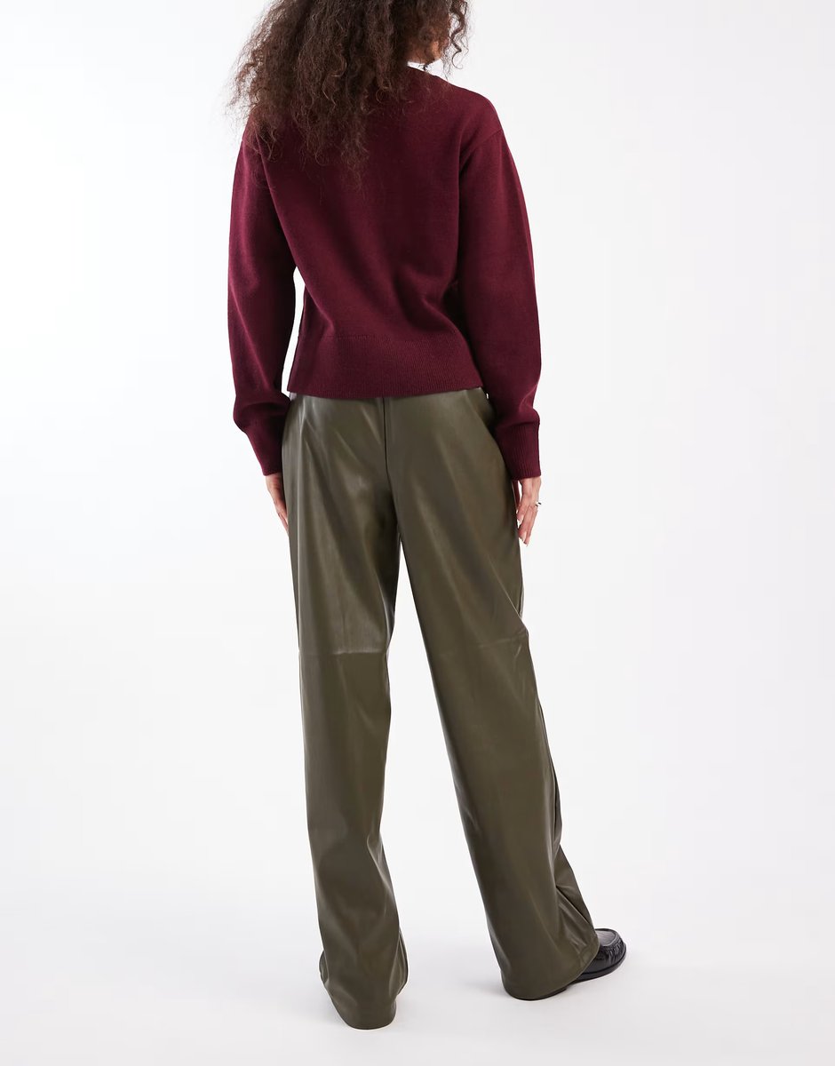 ASOS New Look faux leather wide leg trousers in khaki - 4