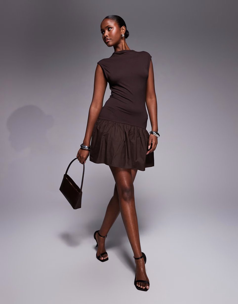 ASOS ASOS DESIGN grown on neck mini dress with poplin mix skirt in brown - 4