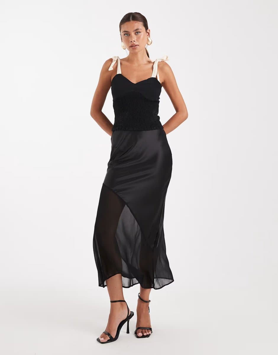 ASOS New Look satin and chiffon bias midi skirt in black