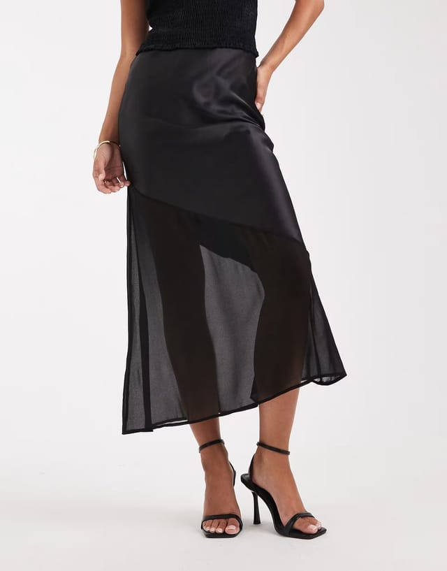 ASOS New Look satin and chiffon bias midi skirt in black - 2