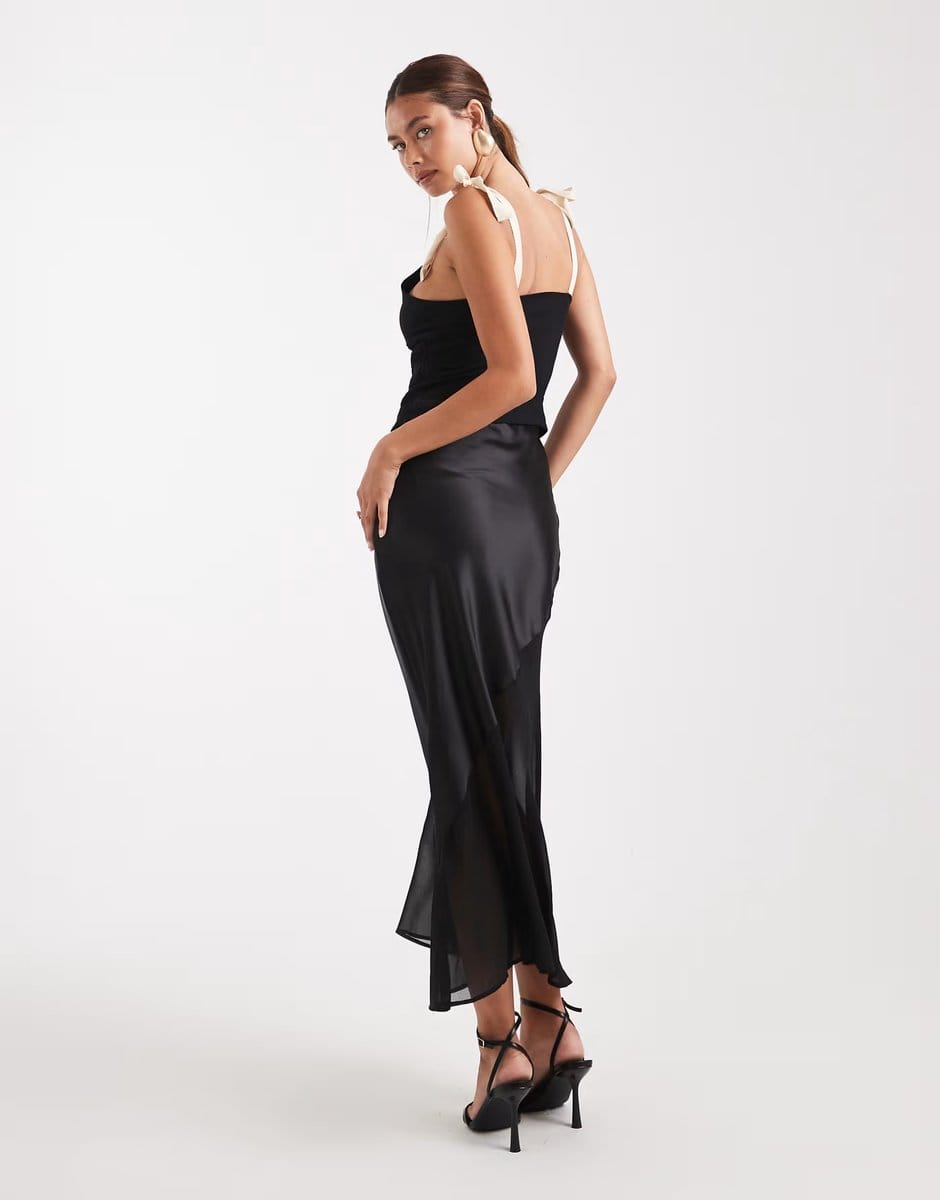 ASOS New Look satin and chiffon bias midi skirt in black - 4