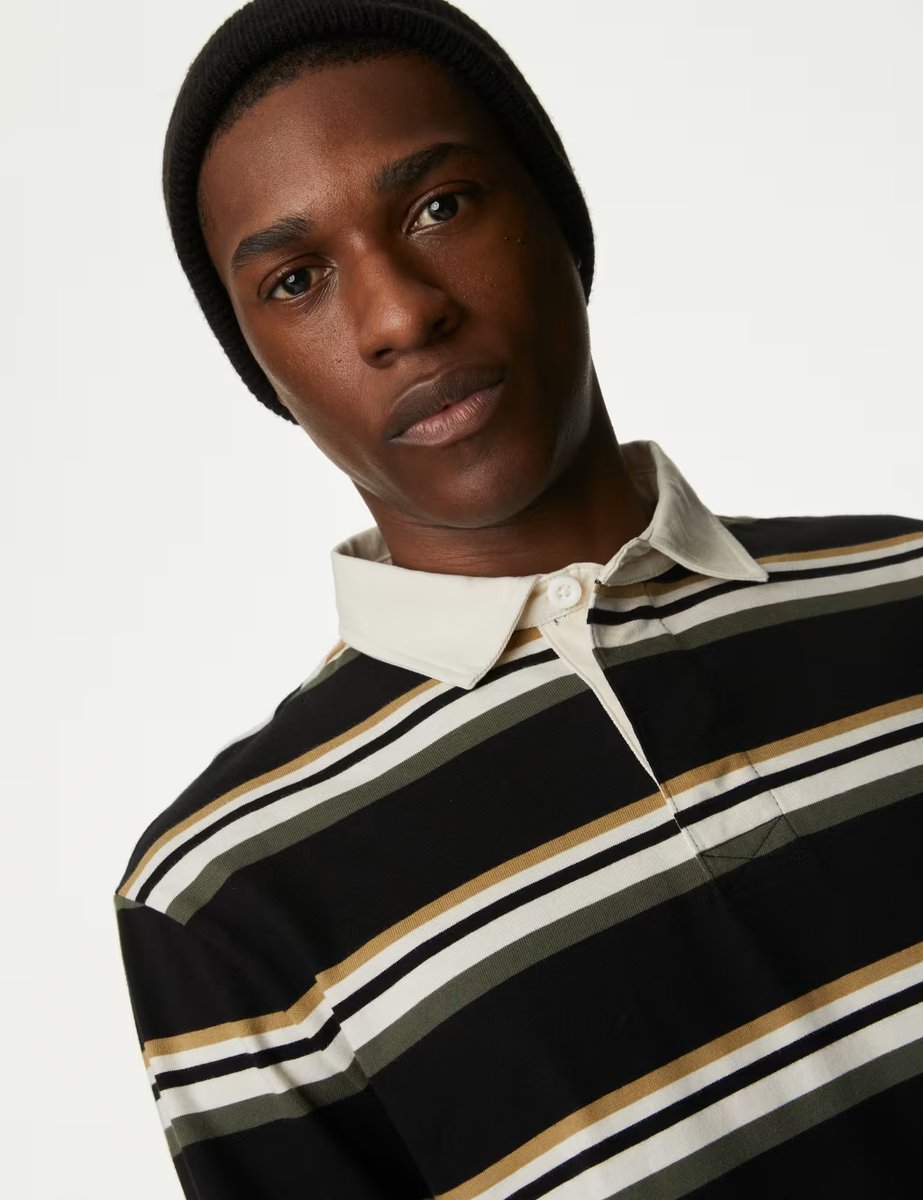 Marks & Spencer M&S Pure Cotton Striped Rugby Shirt Black Mix - 2