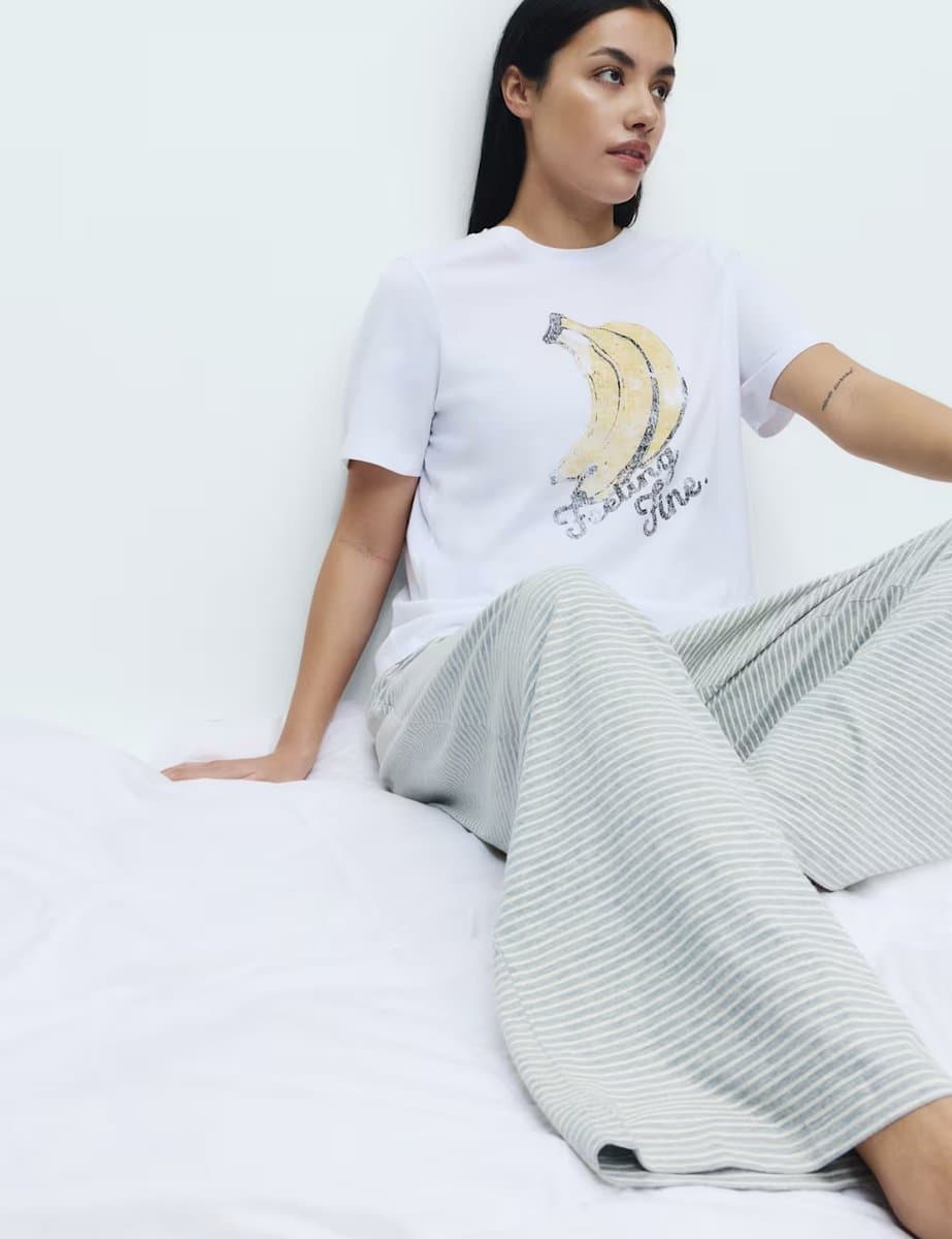 Marks & Spencer M&S Pure Cotton Printed Pyjama Set Grey Mix