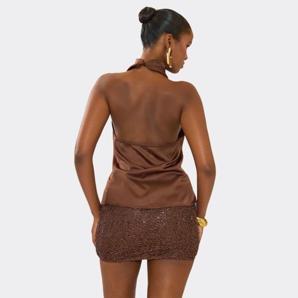 EGO Mini Bodycon Skirt In Brown Metallic Texture, Women's Size UK 6 - 2