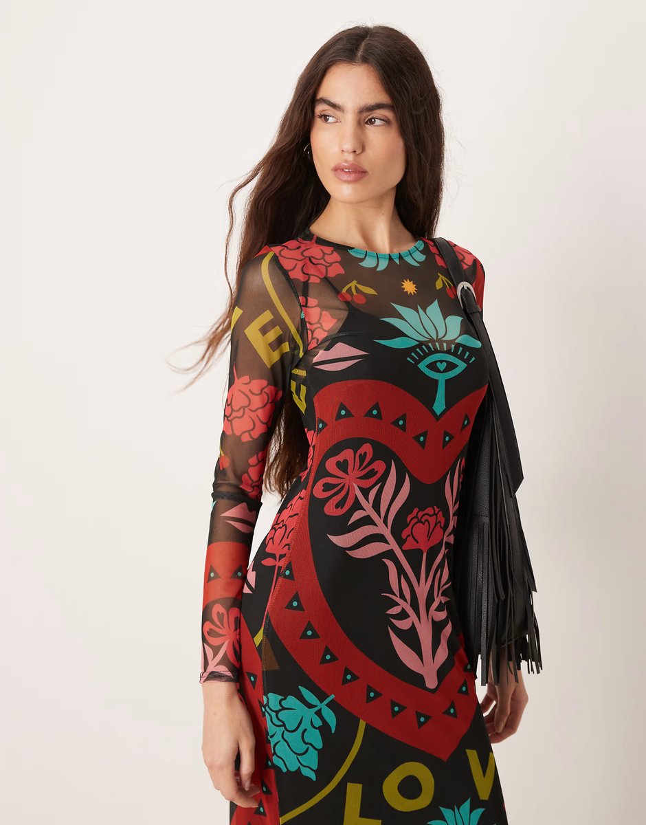 ASOS Never Fully Dressed mesh maxi dress in bright abstract print - 3