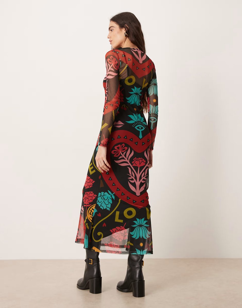 ASOS Never Fully Dressed mesh maxi dress in bright abstract print - 4