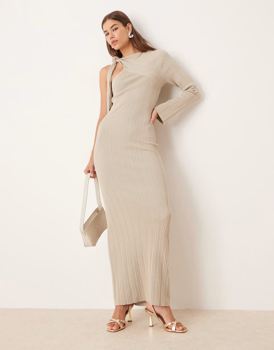 ASOS Pretty Lavish asymmetric sparkle knit midaxi dress in taupe - 1