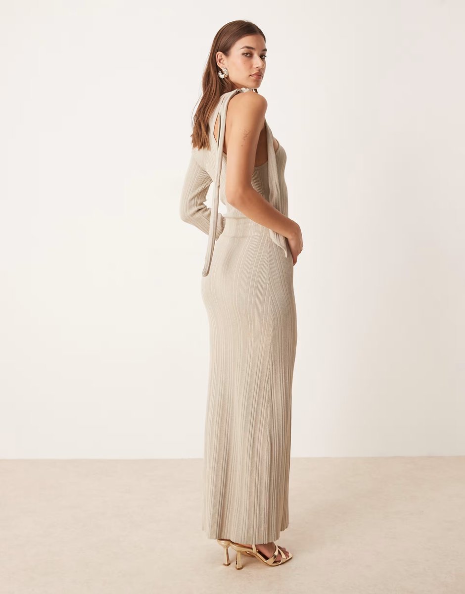 ASOS Pretty Lavish asymmetric sparkle knit midaxi dress in taupe - 3