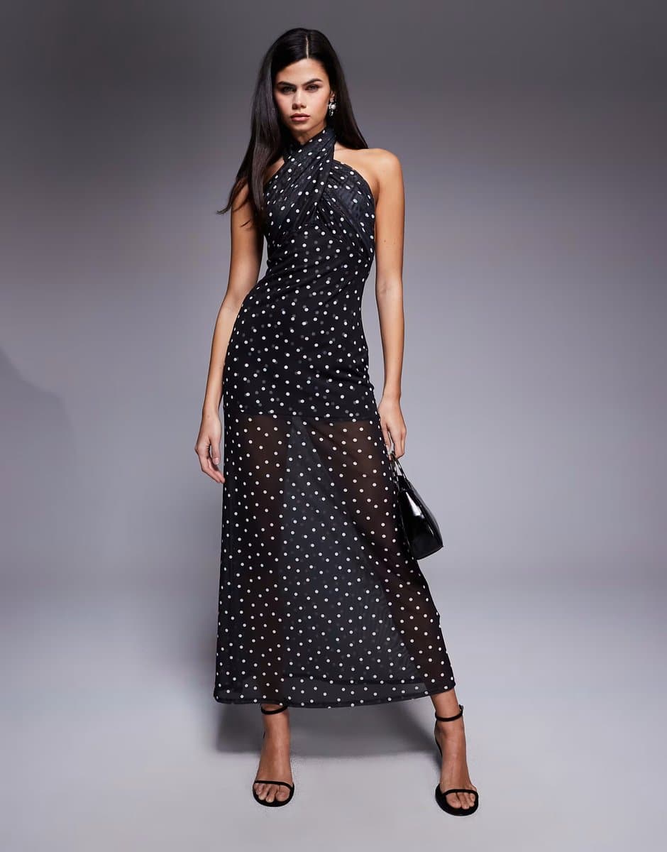 ASOS ASOS DESIGN mesh cross over halterneck detail maxi dress with sheer skirt in polka dot print