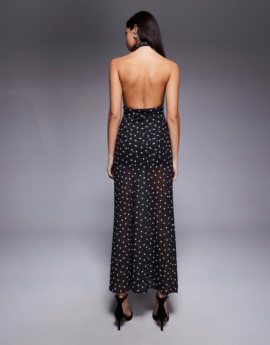 ASOS ASOS DESIGN mesh cross over halterneck detail maxi dress with sheer skirt in polka dot print - 4
