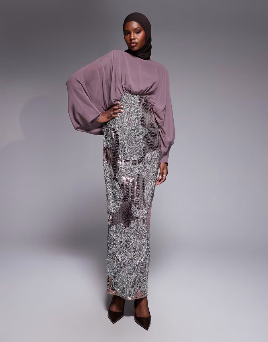 ASOS ASOS DESIGN blouson bodice batwing maxi dress with floral embellished skirt in mauve