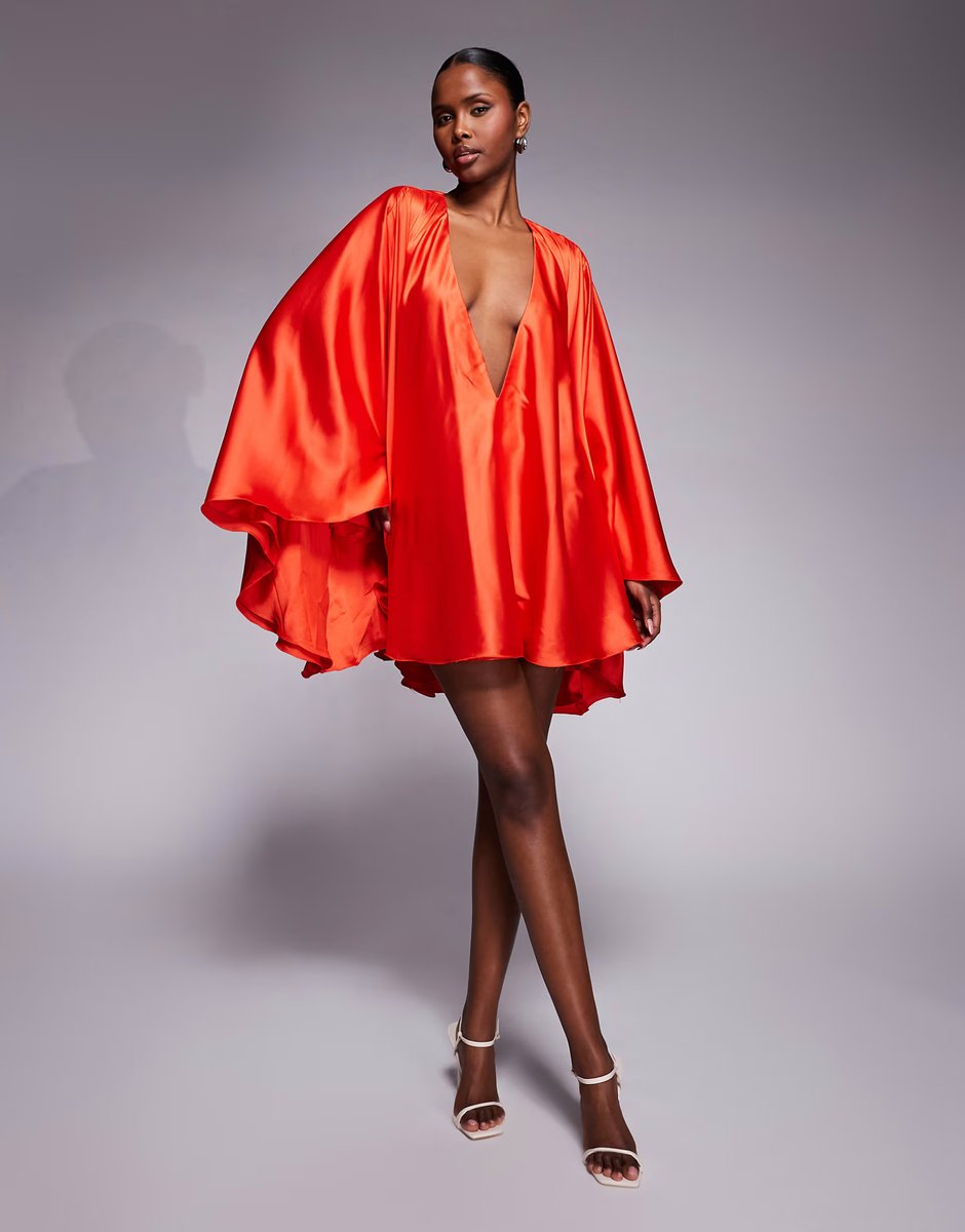 ASOS The Dolls House Circa Lorena satin volume sleeve plunge neck mini dress in red - 3