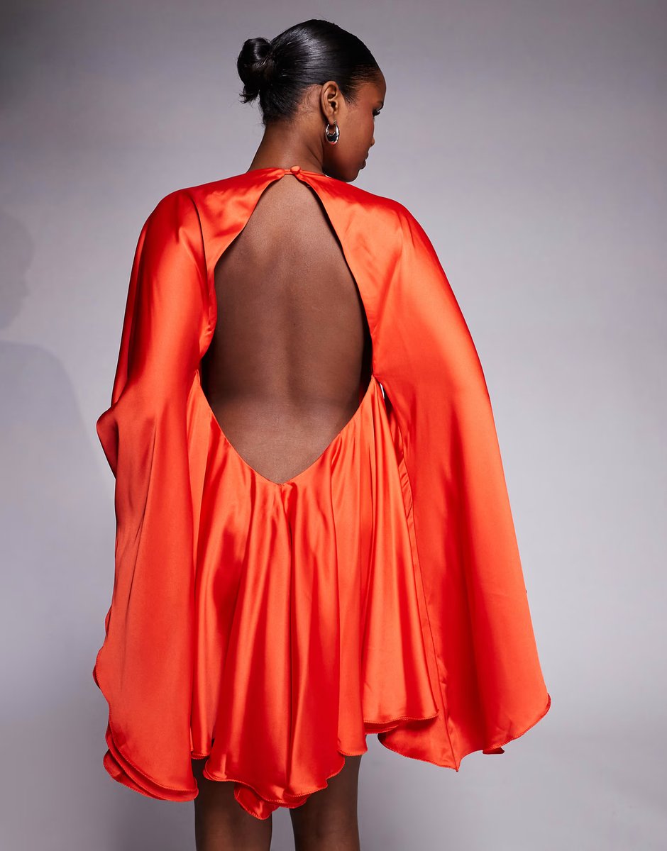 ASOS The Dolls House Circa Lorena satin volume sleeve plunge neck mini dress in red - 4