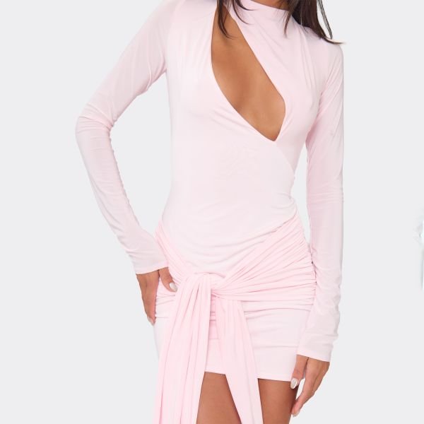 EGO Long Sleeve Cut Out Front Drape Detail Mini Dress In Baby Pink, Women's Size UK 6 - 2