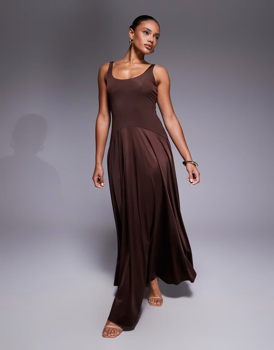 ASOS Rare London satin scoop neck drop side waist maxi dress in chocolate