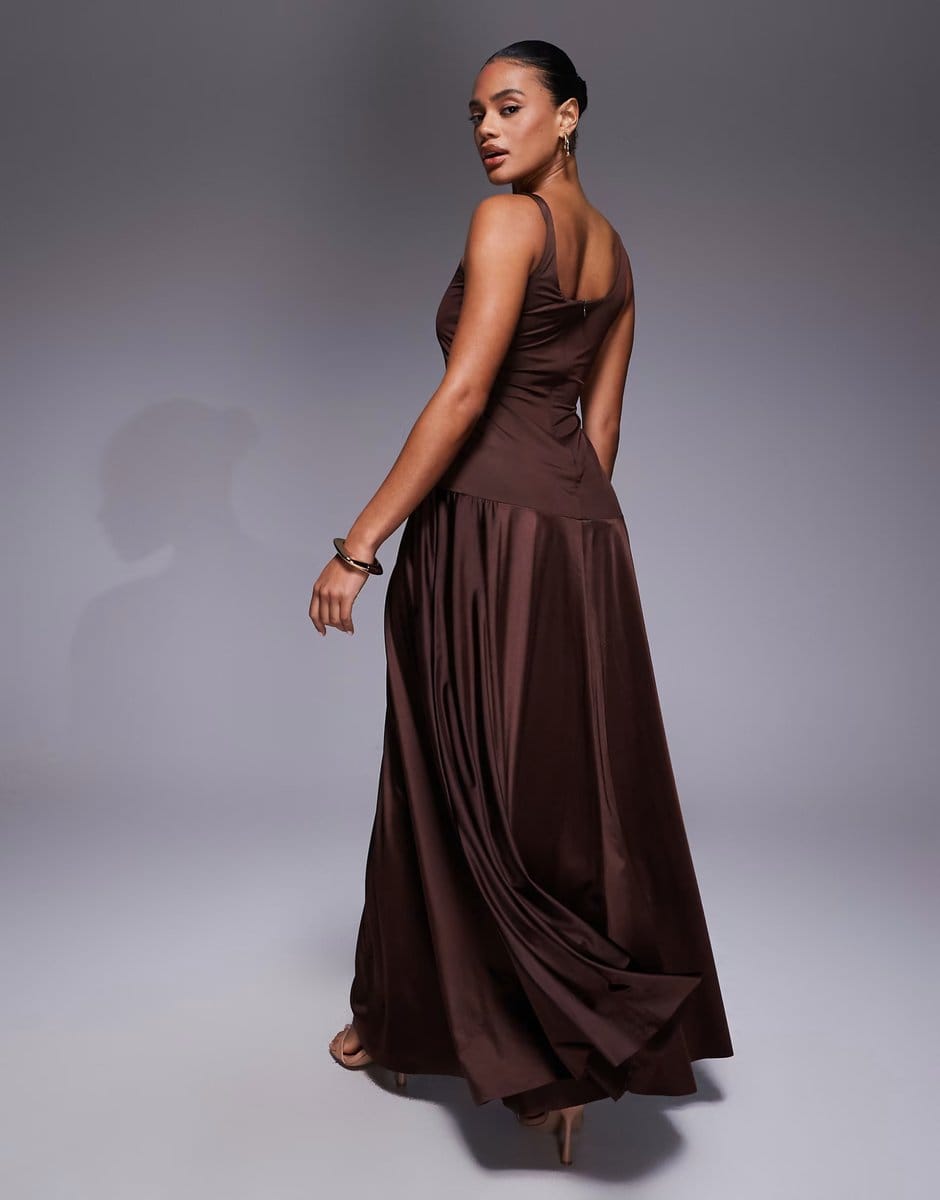ASOS Rare London satin scoop neck drop side waist maxi dress in chocolate - 4