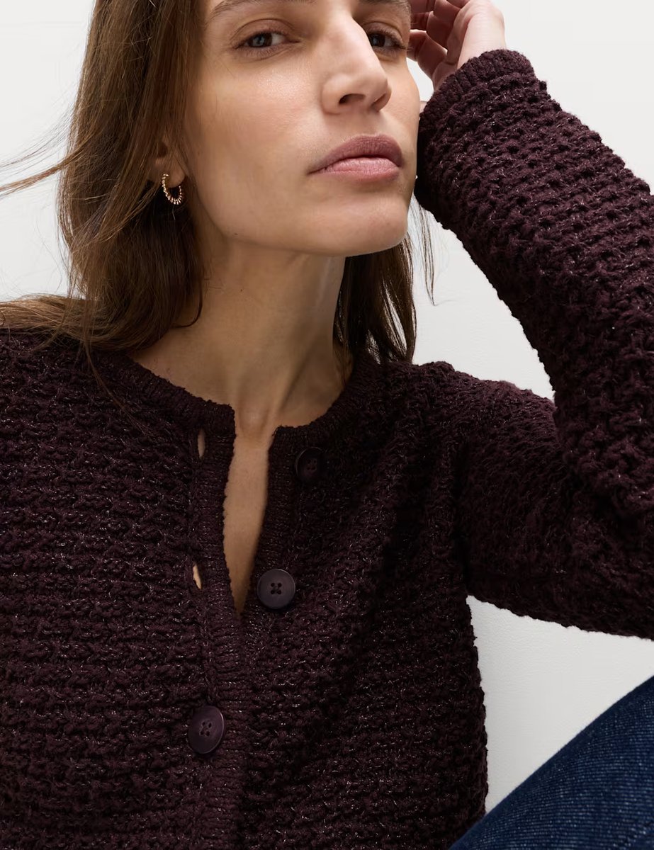 Marks & Spencer M&S Cotton Rich Textured Cropped Knitted Jacket Raisin - 3