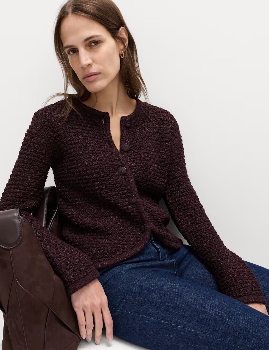 Marks & Spencer M&S Cotton Rich Textured Cropped Knitted Jacket Raisin - 4