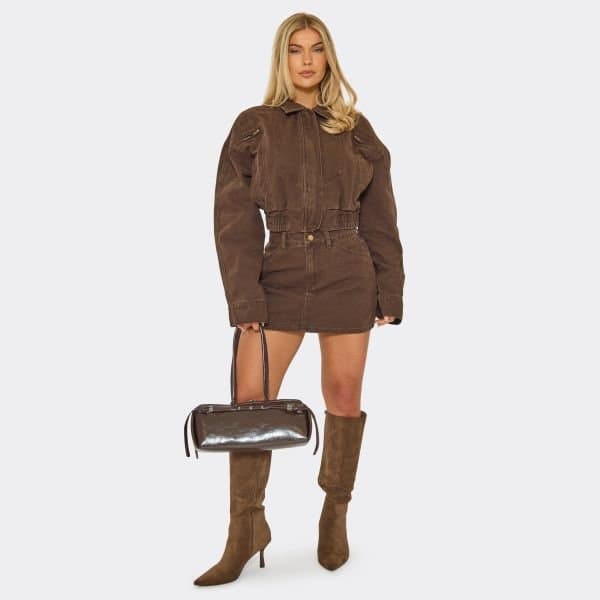 EGO Mid Waist Mini Skirt In Chocolate Brown Denim, Women's Size UK 6