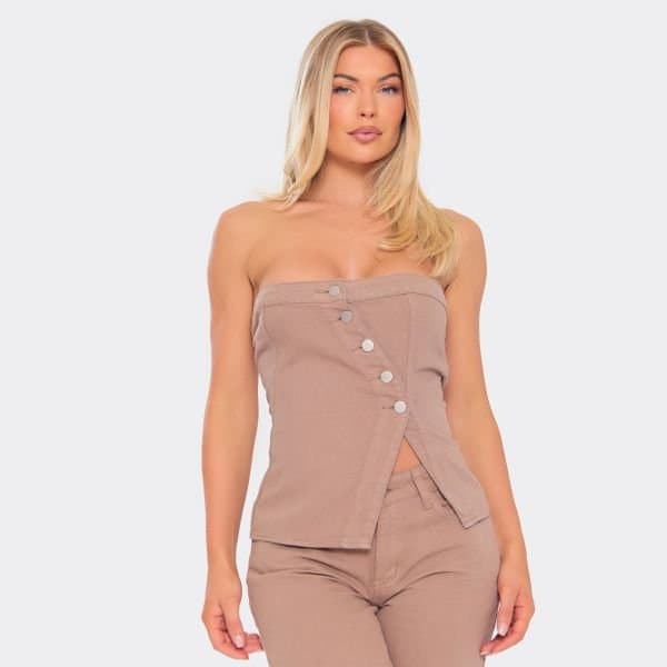 EGO Bandeau Button Down Top In Light Brown Denim, Women's Size UK 6