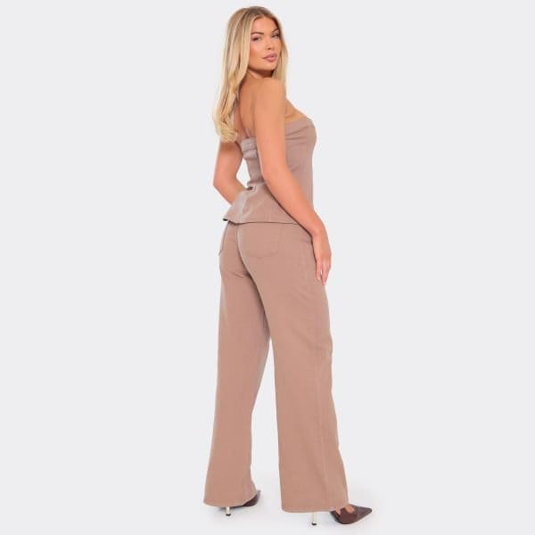 EGO Bandeau Button Down Top In Light Brown Denim, Women's Size UK 6 - 2