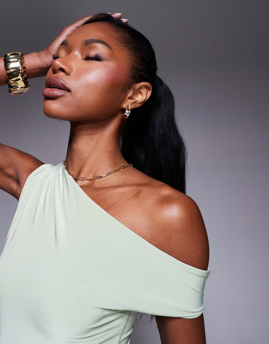 ASOS Kaiia exclusive double layered slinky off shoulder drape detail fitted waist mini skater dress in sage   - 4