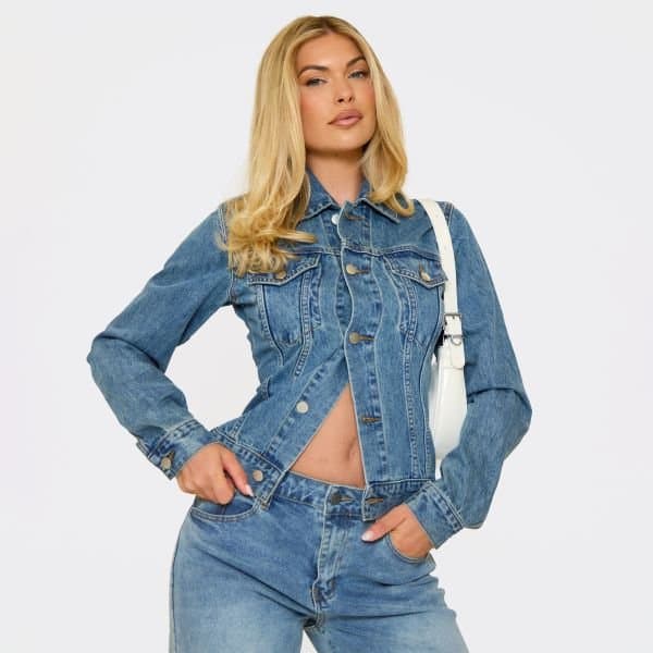 EGO Long Sleeve Button Down Cinched Waist Jacket In Mid Blue Denim, Women's Size UK 6