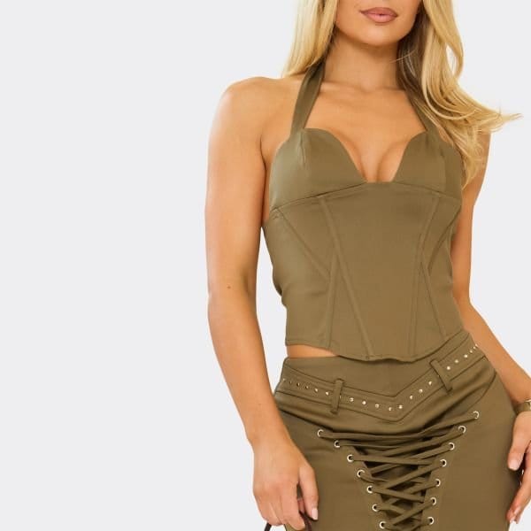 EGO Halterneck Structured Corset Top In Taupe, Women's Size UK 6 - 2