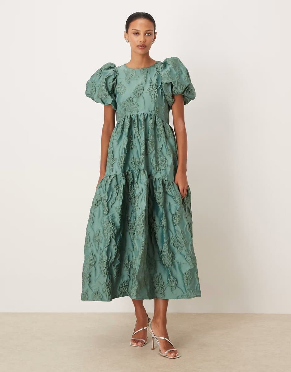 ASOS Sister Jane Harmonia jacquard puff sleeve midi dress in green