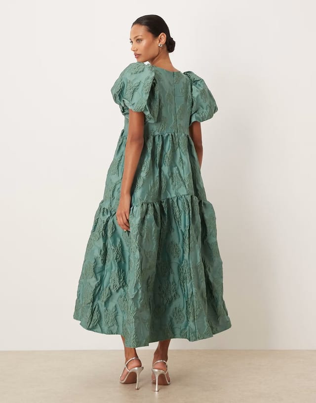 ASOS Sister Jane Harmonia jacquard puff sleeve midi dress in green - 3
