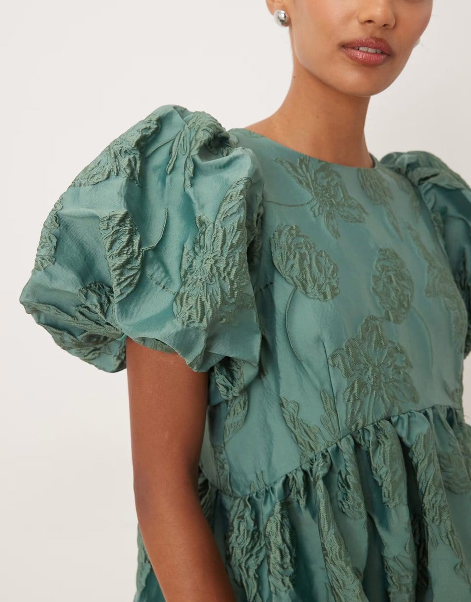 ASOS Sister Jane Harmonia jacquard puff sleeve midi dress in green - 4