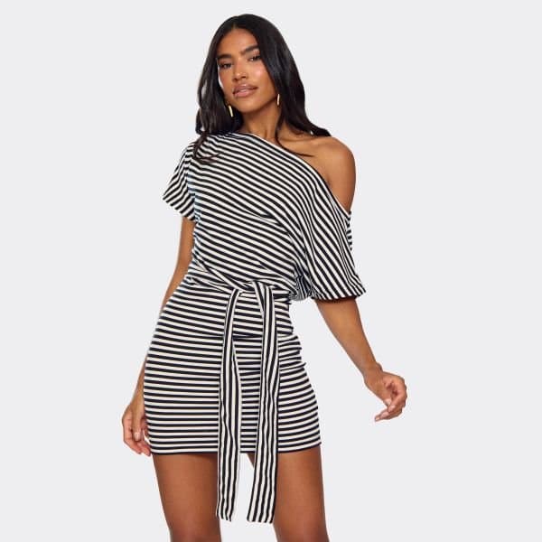 EGO Off The Shoulder Belt Detail Mini Dress In Black Stripe, Women's Size UK 6