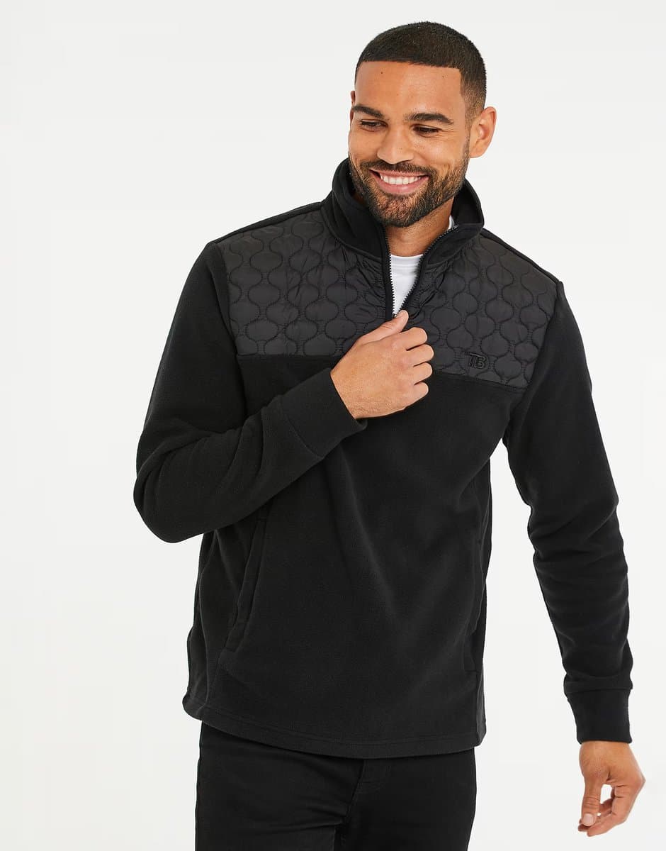 ASOS Threadbare Quarter zip quilted fleece jumper in black