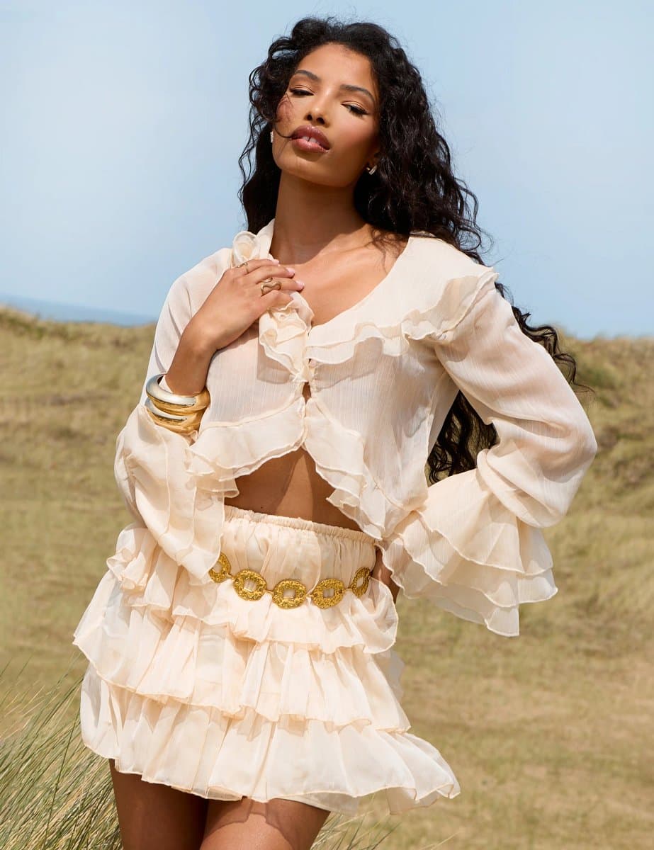 Public Desire Sheer Ruffled Long Sleeve Crop Top Stone