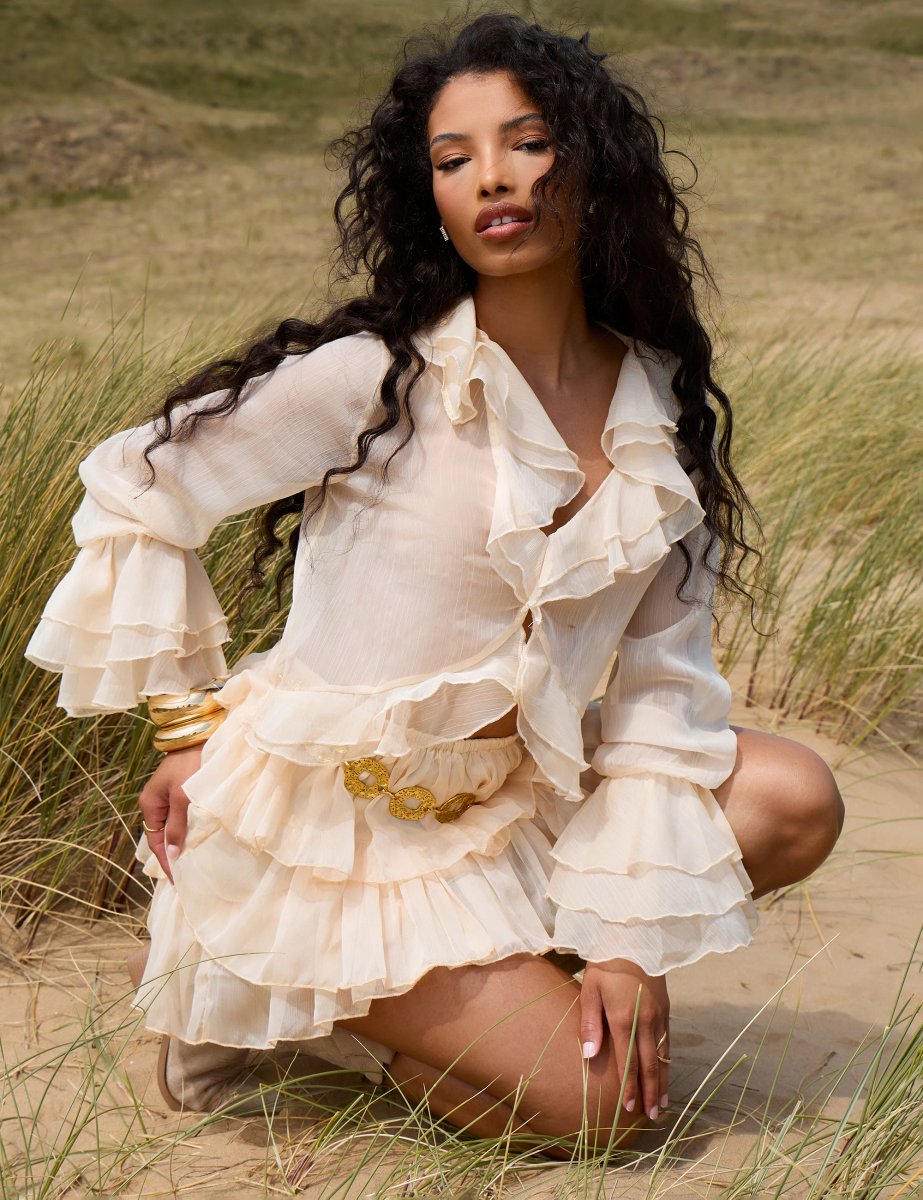 Public Desire Sheer Ruffled Long Sleeve Crop Top Stone - 2