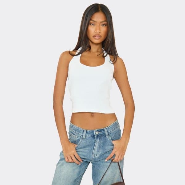 EGO Scoop Halter Neck Basic Top In White, Women's Size UK 6