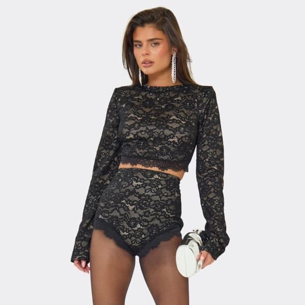 EGO Long Sleeve Shoulder Pad Detail Crop Top In Black Lace, Women's Size UK 10