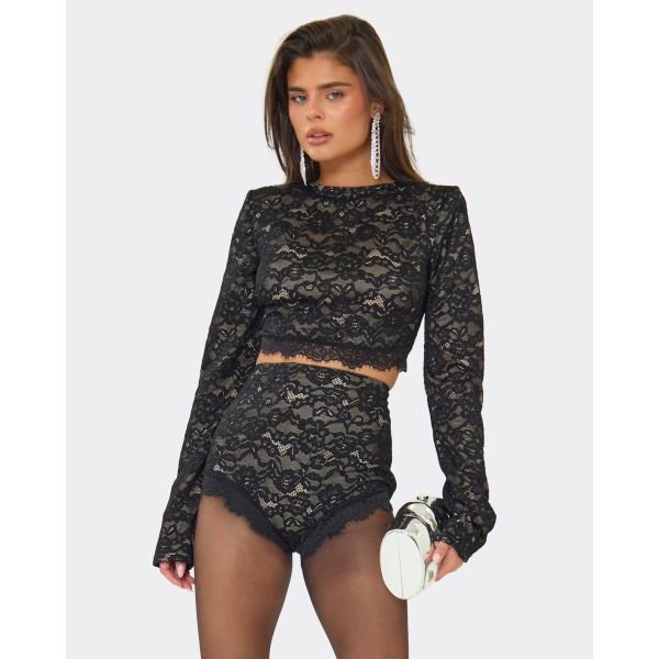 EGO Long Sleeve Shoulder Pad Detail Crop Top In Black Lace, Women's Size UK 10 - 2