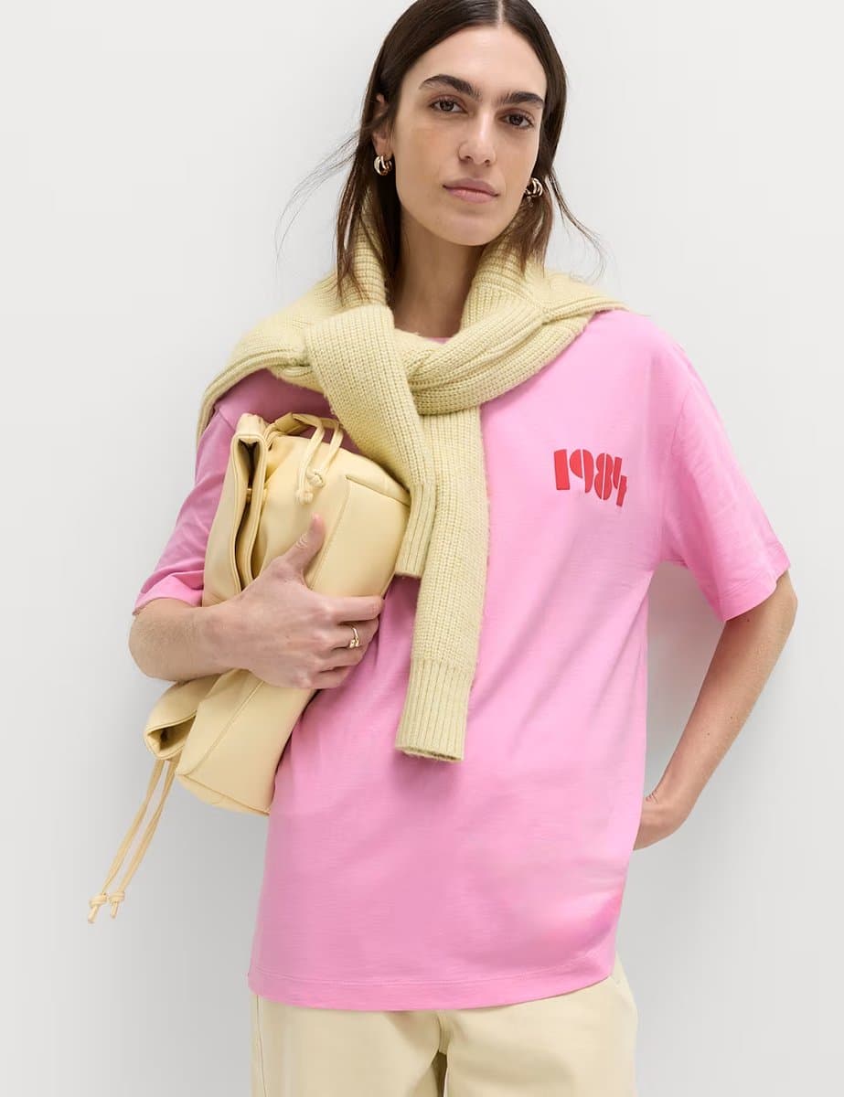 Marks & Spencer M&S Graphic Crew Neck Oversized T-Shirt in Pink Mix