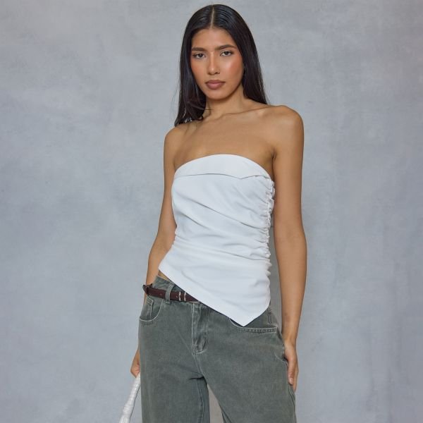 EGO Bandeau Foldover Bust Ruched Detail Top In White, Women's Size UK 6 - 2