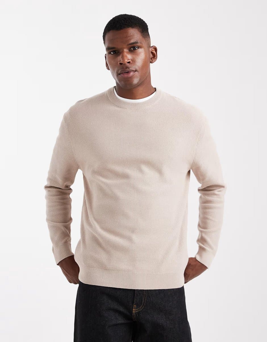 ASOS ONLY & SONS regular fit waffle knit jumper in taupe