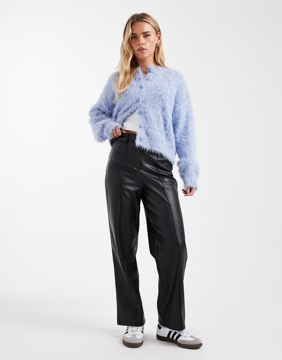 ASOS New Look Petite faux leather wide leg trousers in black