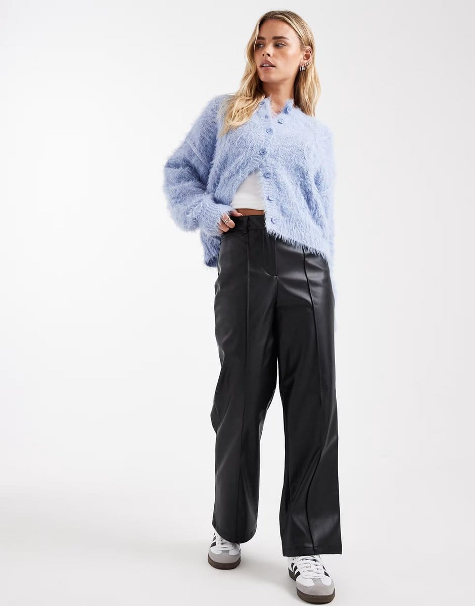 ASOS New Look Petite faux leather wide leg trousers in black - 4