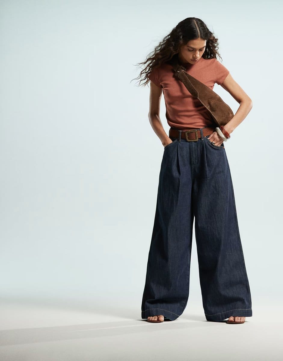 ASOS Wrangler co-ord denim pleated wide leg trouser in dark blue - 4