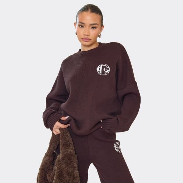 EGO Oversized Embroidered Ego Logo Jumper In Chocolate Brown Knit, Women's Size UK Large L
