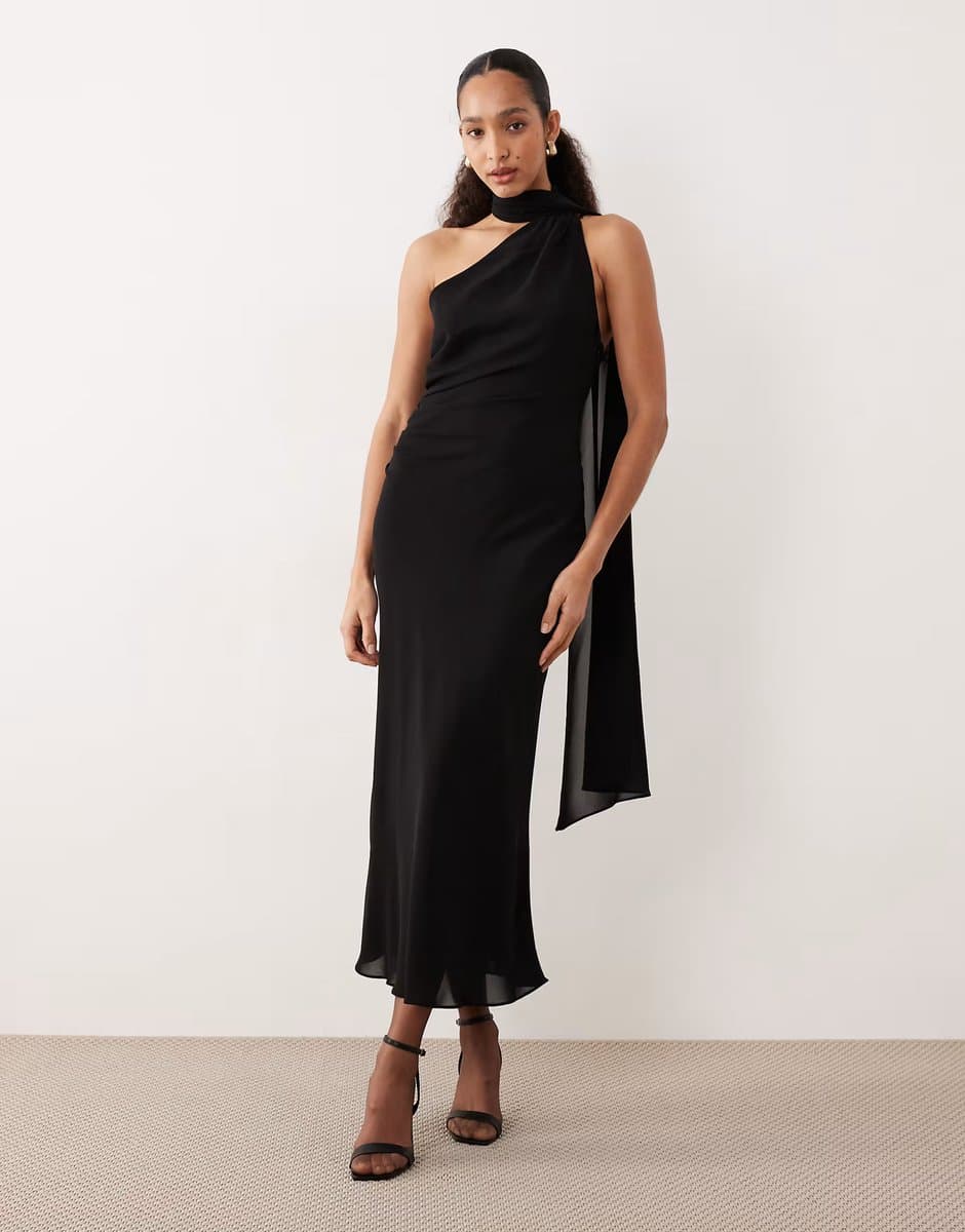 ASOS Mango one shoulder maxi dress with drape detail in black