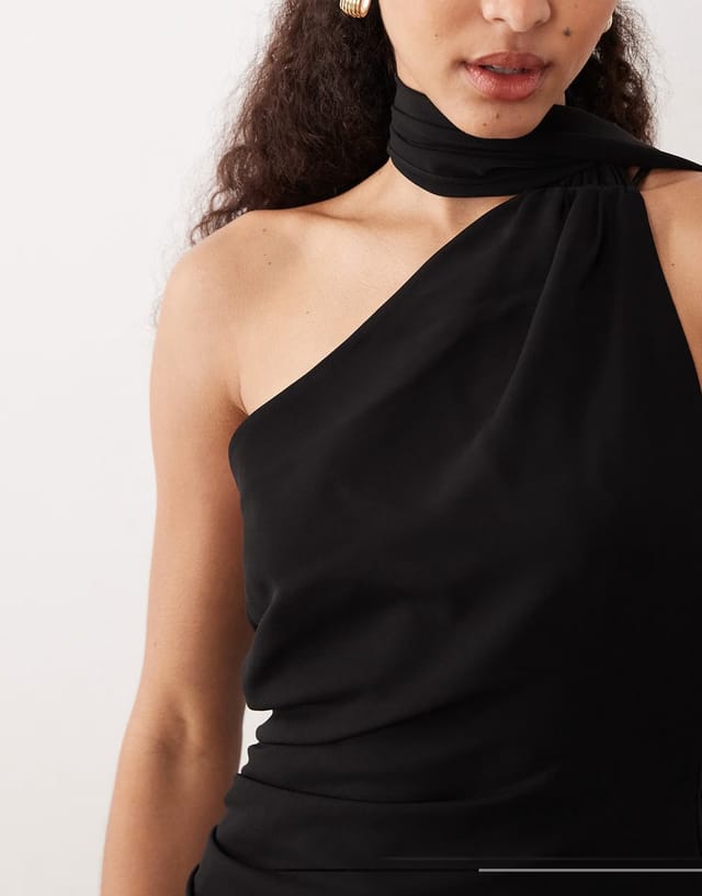 ASOS Mango one shoulder maxi dress with drape detail in black - 3