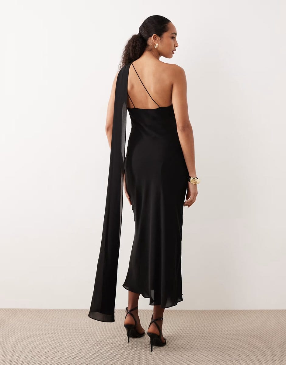 ASOS Mango one shoulder maxi dress with drape detail in black - 4